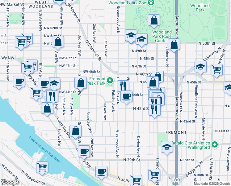 map of restaurants, bars, coffee shops, grocery stores, and more near 4351 Palatine Avenue North in Seattle