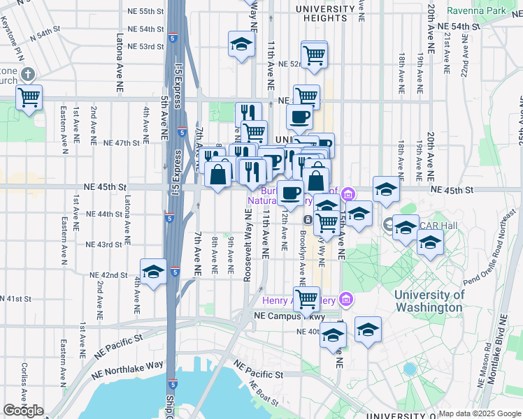 map of restaurants, bars, coffee shops, grocery stores, and more near 4311 11th Avenue Northeast in Seattle