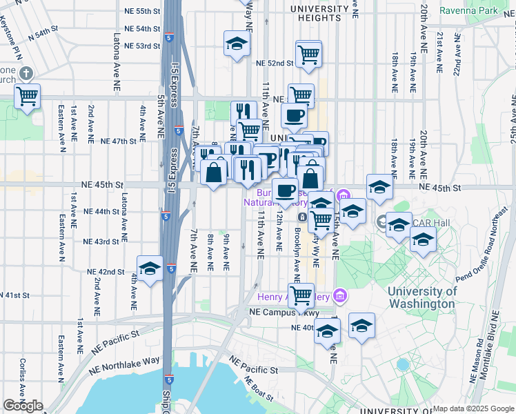map of restaurants, bars, coffee shops, grocery stores, and more near 4336 Roosevelt Way Northeast in Seattle