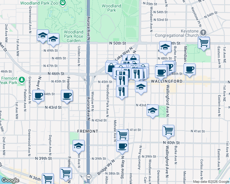 map of restaurants, bars, coffee shops, grocery stores, and more near 1218 North Allen Place in Seattle