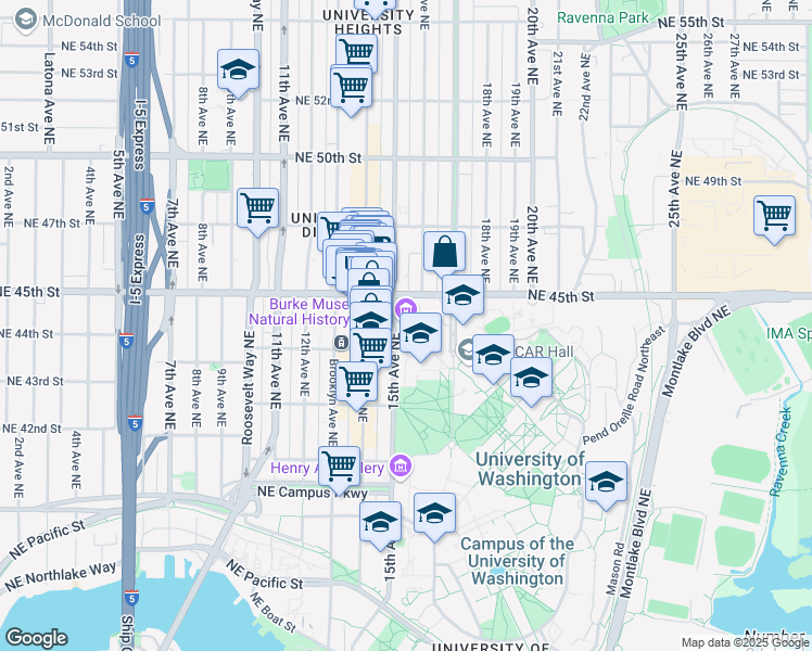 map of restaurants, bars, coffee shops, grocery stores, and more near 4300 15th Avenue Northeast in Seattle
