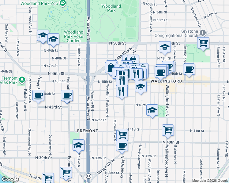 map of restaurants, bars, coffee shops, grocery stores, and more near 1218 North Allen Place in Seattle