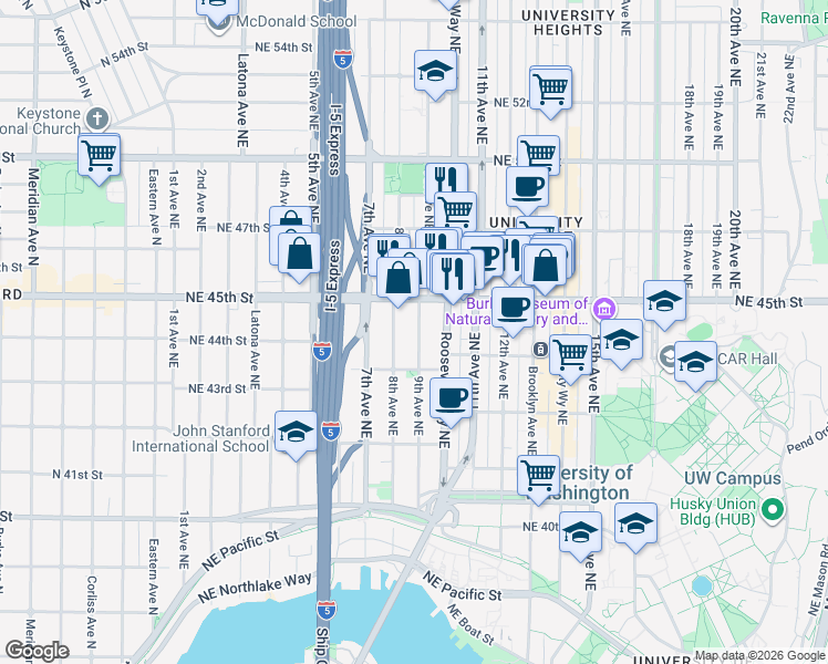 map of restaurants, bars, coffee shops, grocery stores, and more near 4331 9th Avenue Northeast in Seattle