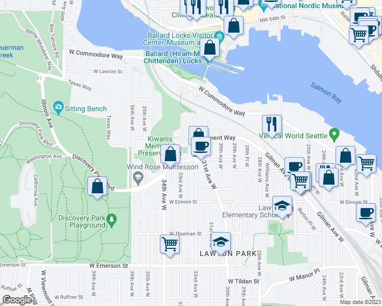 map of restaurants, bars, coffee shops, grocery stores, and more near 3132 West Government Way in Seattle