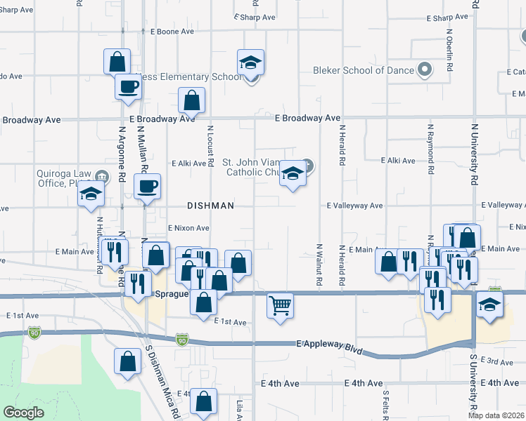map of restaurants, bars, coffee shops, grocery stores, and more near 404 North Farr Road in Spokane Valley