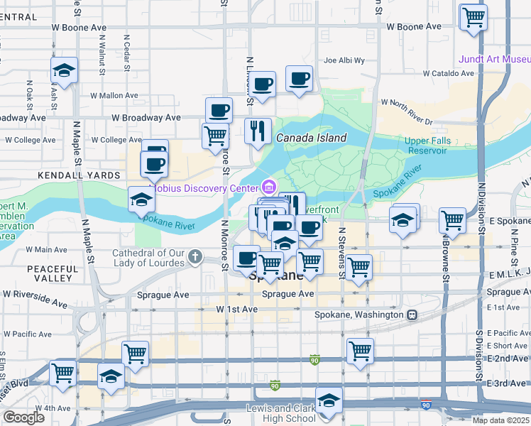 map of restaurants, bars, coffee shops, grocery stores, and more near 808 West Spokane Falls Boulevard in Spokane