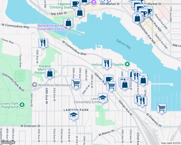 map of restaurants, bars, coffee shops, grocery stores, and more near 4445 28th Avenue West in Seattle