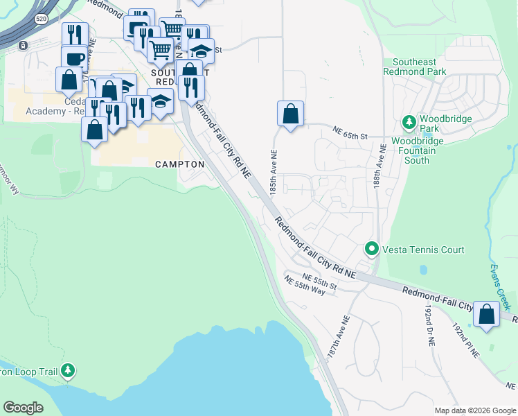 map of restaurants, bars, coffee shops, grocery stores, and more near in Redmond