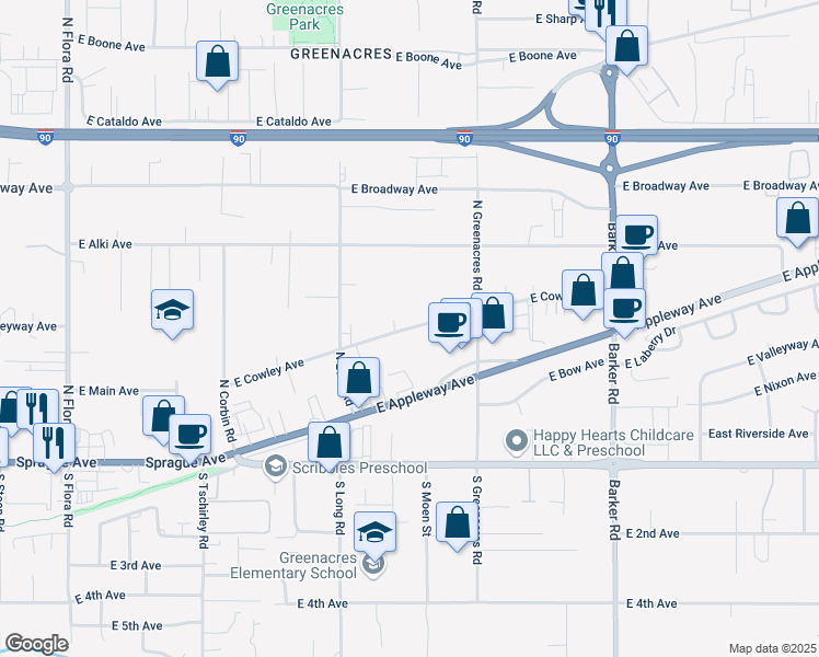 map of restaurants, bars, coffee shops, grocery stores, and more near 18021 East Cowley Avenue in Spokane Valley