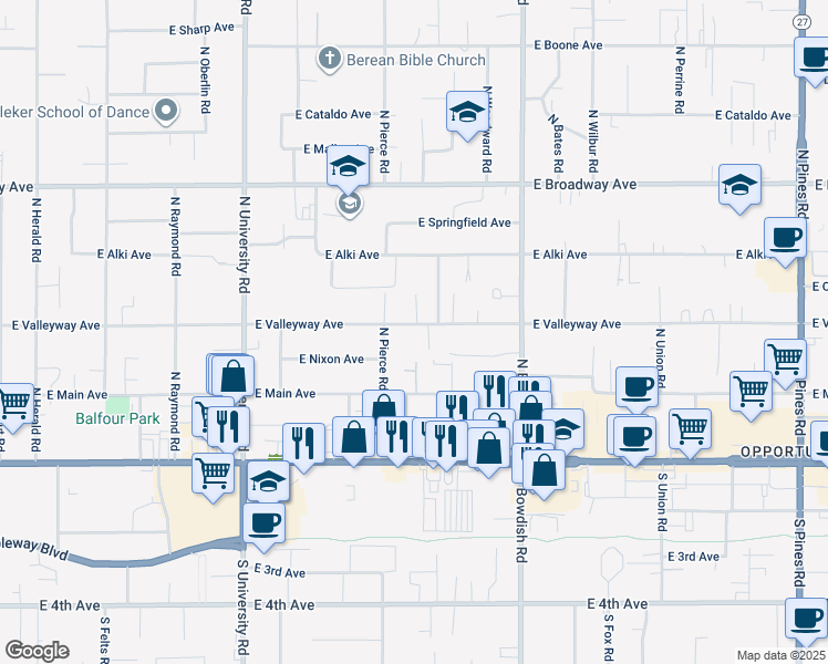 map of restaurants, bars, coffee shops, grocery stores, and more near 11121 East Valleyway Avenue in Spokane Valley