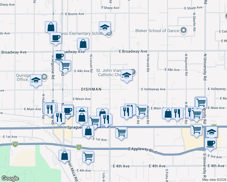 map of restaurants, bars, coffee shops, grocery stores, and more near 404 North Farr Road in Spokane Valley