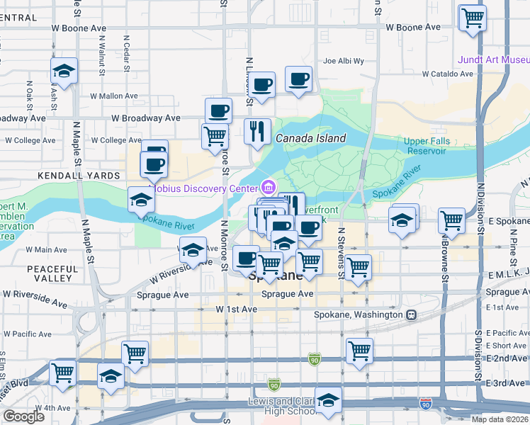 map of restaurants, bars, coffee shops, grocery stores, and more near 331 North Post Street in Spokane