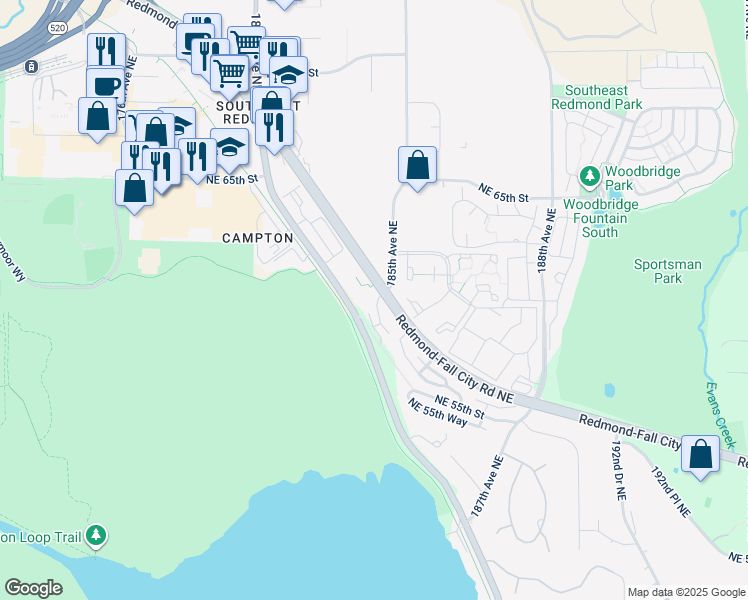 map of restaurants, bars, coffee shops, grocery stores, and more near in Redmond
