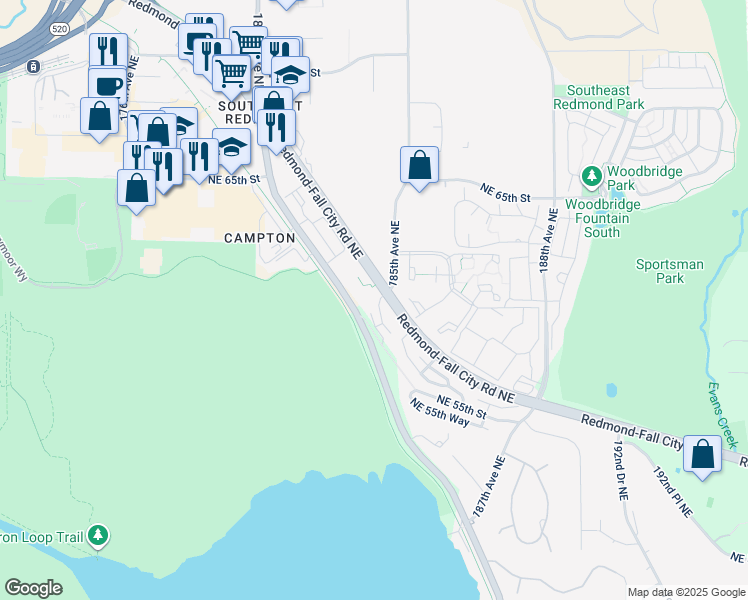 map of restaurants, bars, coffee shops, grocery stores, and more near in Redmond
