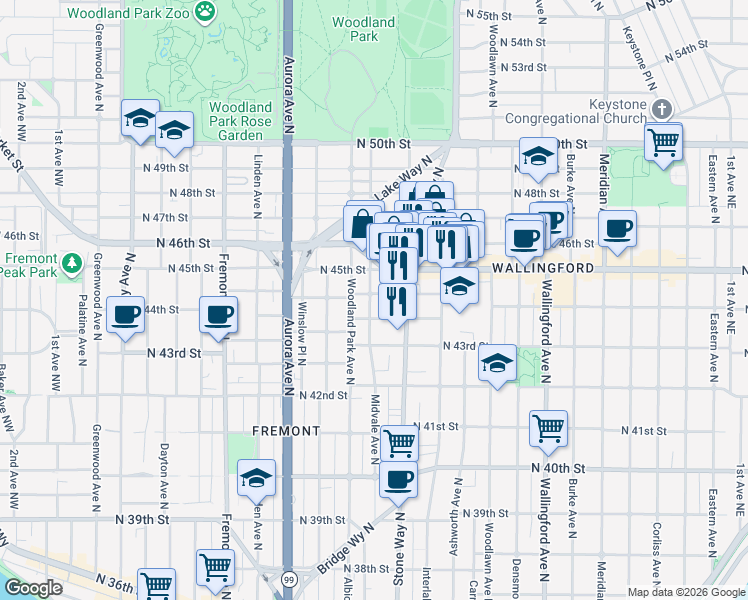 map of restaurants, bars, coffee shops, grocery stores, and more near 1218 North Allen Place in Seattle