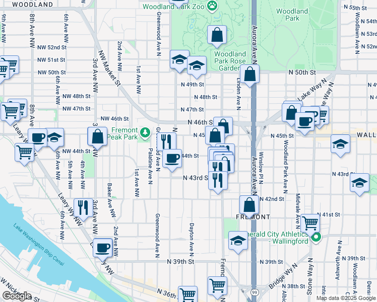 map of restaurants, bars, coffee shops, grocery stores, and more near in Seattle