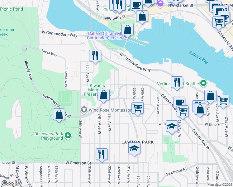 map of restaurants, bars, coffee shops, grocery stores, and more near 3132 West Government Way in Seattle