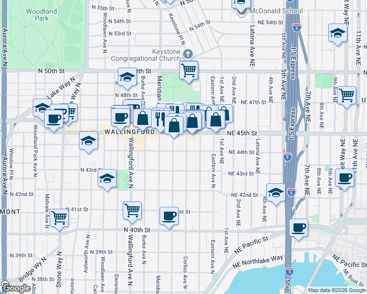 map of restaurants, bars, coffee shops, grocery stores, and more near 4405 Corliss Avenue North in Seattle