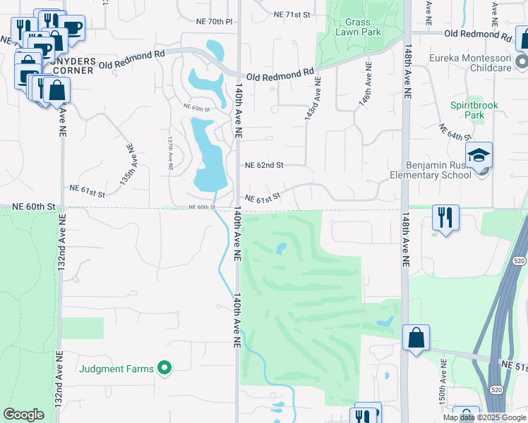 map of restaurants, bars, coffee shops, grocery stores, and more near Bridle Crest Trail in Redmond