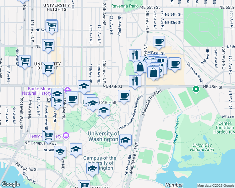 map of restaurants, bars, coffee shops, grocery stores, and more near 4401 Northeast Mason Road in Seattle