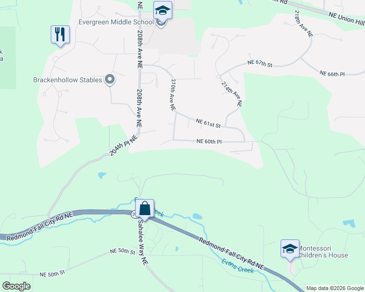 map of restaurants, bars, coffee shops, grocery stores, and more near 21004 Northeast 60th Place in Redmond