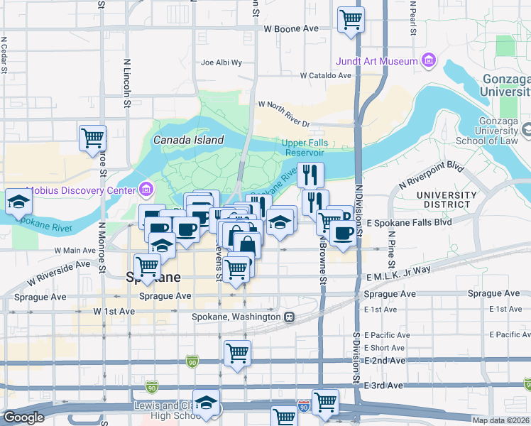 map of restaurants, bars, coffee shops, grocery stores, and more near 334 West Spokane Falls Boulevard in Spokane