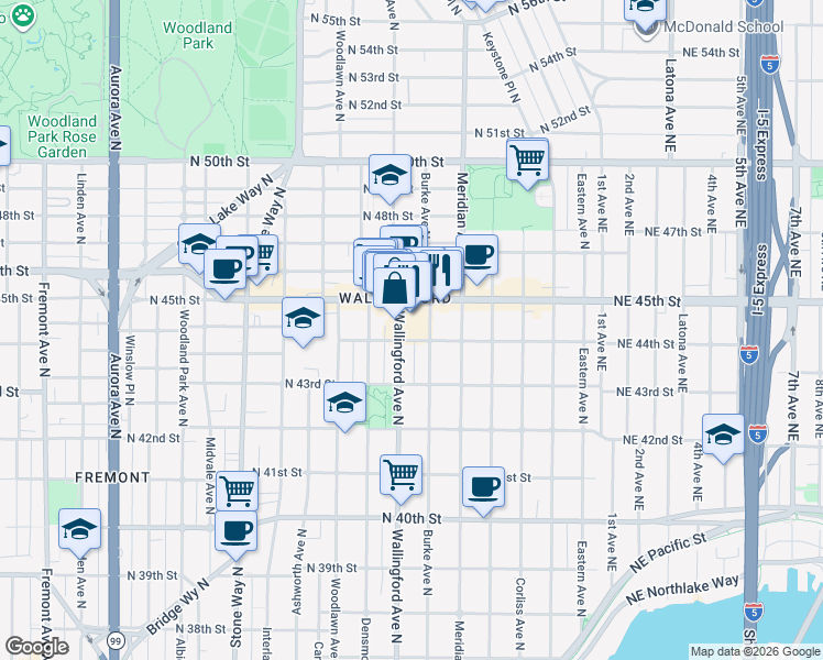 map of restaurants, bars, coffee shops, grocery stores, and more near 4400 Wallingford Avenue North in Seattle