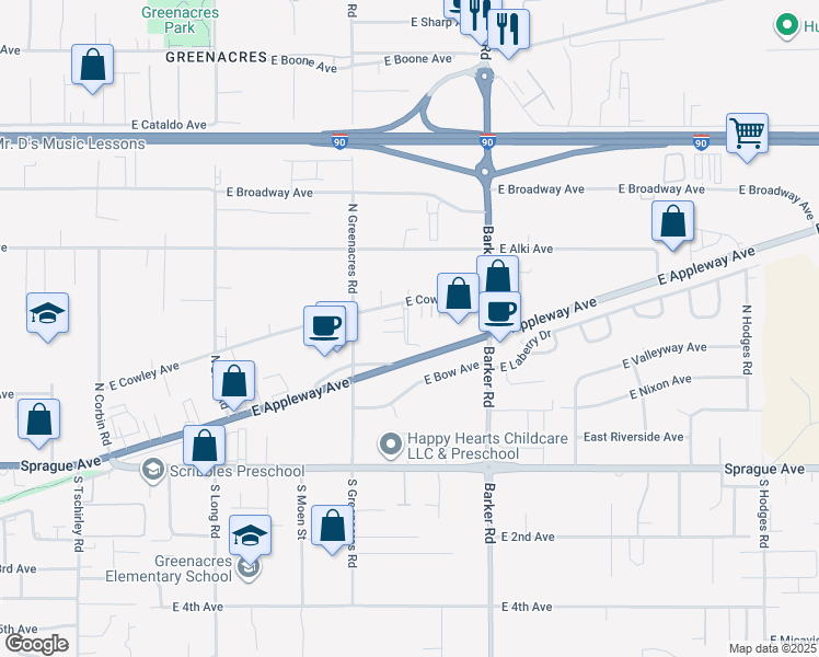 map of restaurants, bars, coffee shops, grocery stores, and more near 18404 East Cowley Avenue in Spokane Valley