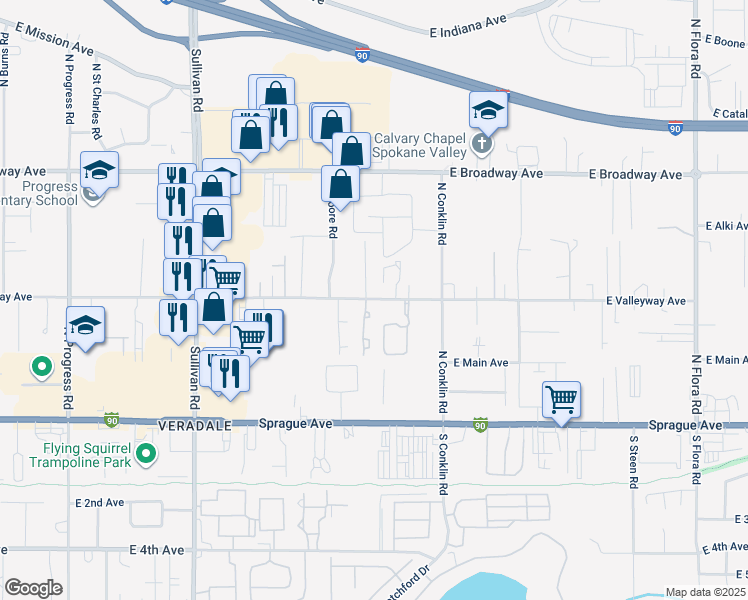 map of restaurants, bars, coffee shops, grocery stores, and more near 412 Sonora Lane in Spokane Valley