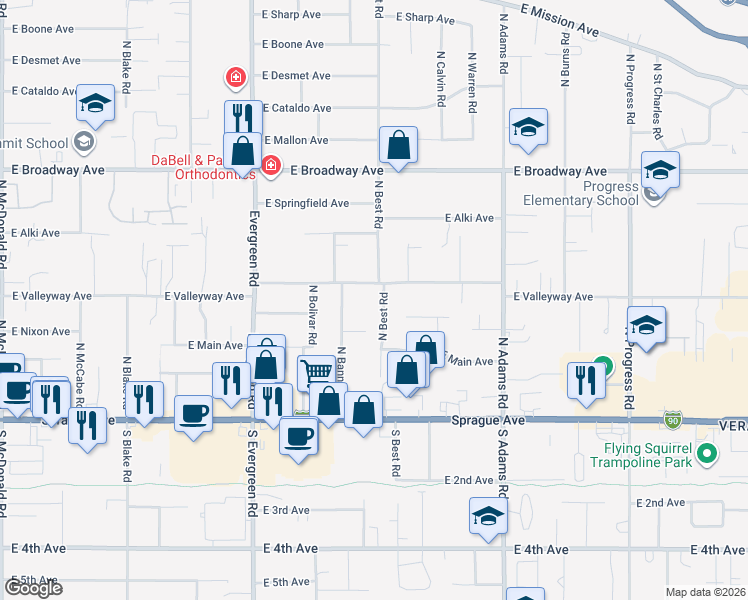 map of restaurants, bars, coffee shops, grocery stores, and more near 14220 East Valleyway Avenue in Spokane Valley