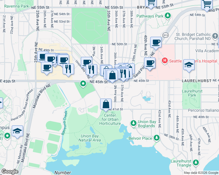 map of restaurants, bars, coffee shops, grocery stores, and more near 3503 Northeast 45th Street in Seattle