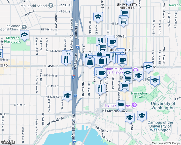 map of restaurants, bars, coffee shops, grocery stores, and more near 811 Northeast 45th Street in Seattle