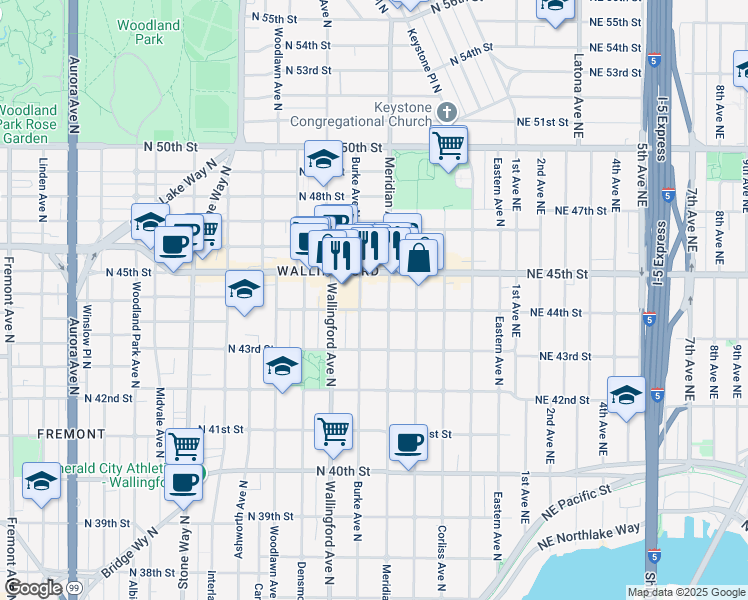 map of restaurants, bars, coffee shops, grocery stores, and more near 1919 North 45th Street in Seattle
