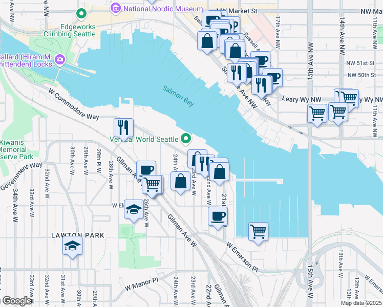 map of restaurants, bars, coffee shops, grocery stores, and more near 2330 W Commodore Way in Seattle