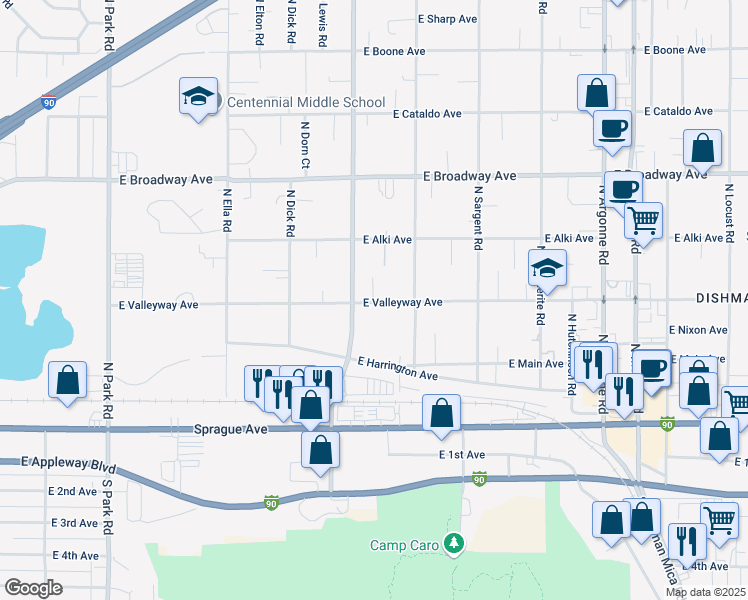 map of restaurants, bars, coffee shops, grocery stores, and more near 412 North Mesa Road in Spokane Valley