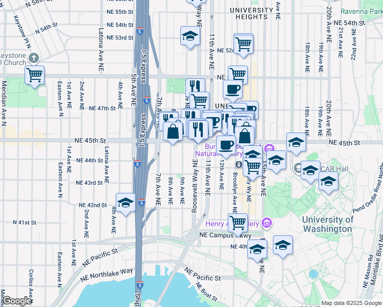 map of restaurants, bars, coffee shops, grocery stores, and more near 4343 Roosevelt Way Northeast in Seattle
