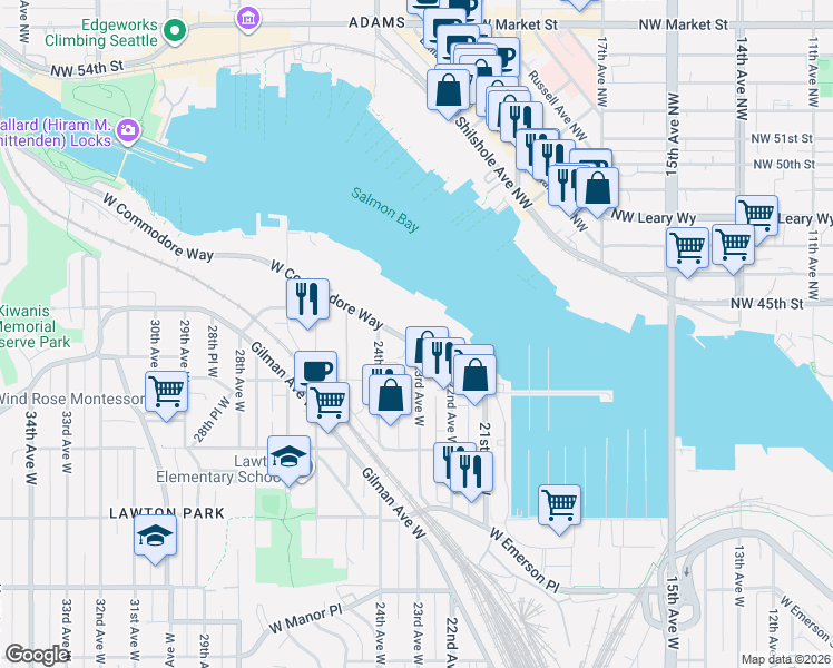 map of restaurants, bars, coffee shops, grocery stores, and more near 2300 West Commodore Way in Seattle