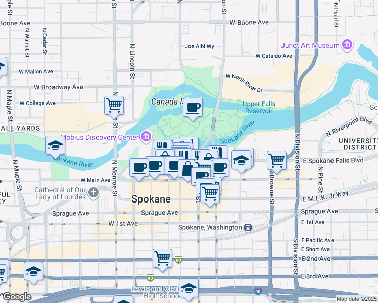 map of restaurants, bars, coffee shops, grocery stores, and more near 507 North Howard Street in Spokane
