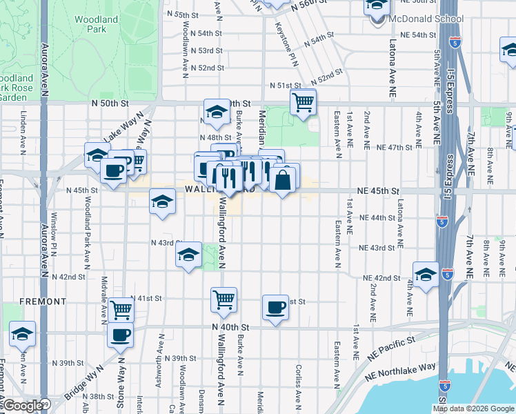 map of restaurants, bars, coffee shops, grocery stores, and more near 4411 Meridian Avenue North in Seattle