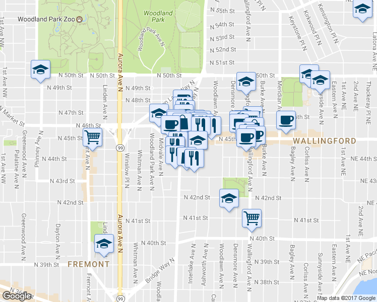 map of restaurants, bars, coffee shops, grocery stores, and more near 1314 N Allen Pl in Seattle