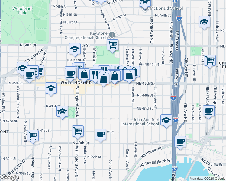 map of restaurants, bars, coffee shops, grocery stores, and more near 4414 Corliss Avenue North in Seattle