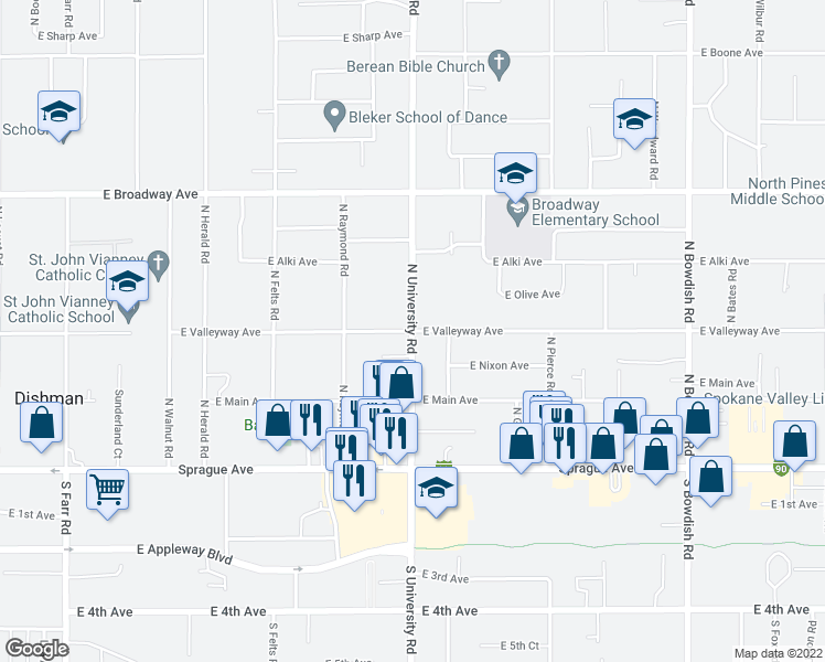 map of restaurants, bars, coffee shops, grocery stores, and more near East Valleyway Avenue in Spokane Valley