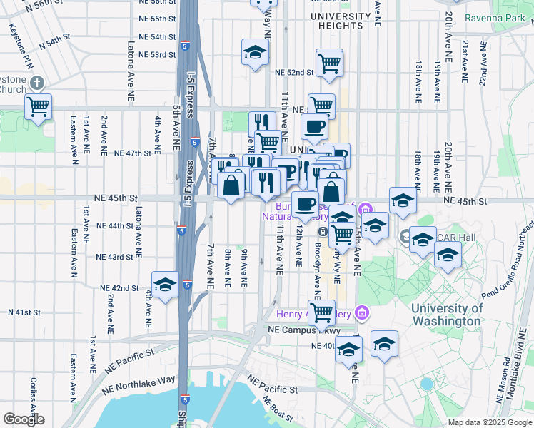 map of restaurants, bars, coffee shops, grocery stores, and more near 4336 Roosevelt Way Northeast in Seattle