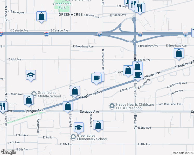 map of restaurants, bars, coffee shops, grocery stores, and more near 18117 East Cowley Avenue in Spokane Valley