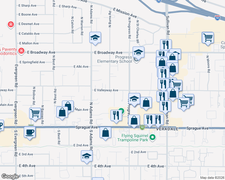 map of restaurants, bars, coffee shops, grocery stores, and more near 14913 East Valleyway Avenue in Spokane Valley