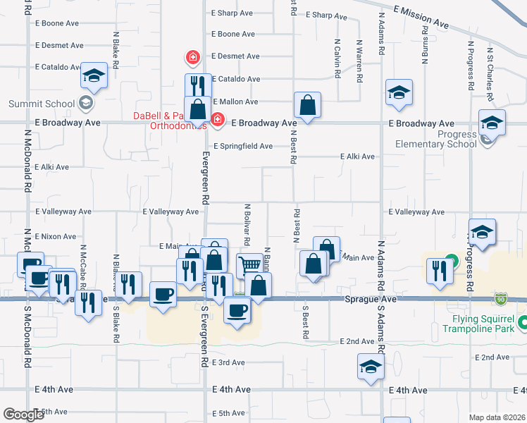 map of restaurants, bars, coffee shops, grocery stores, and more near 14114 East Valleyway Avenue in Spokane Valley