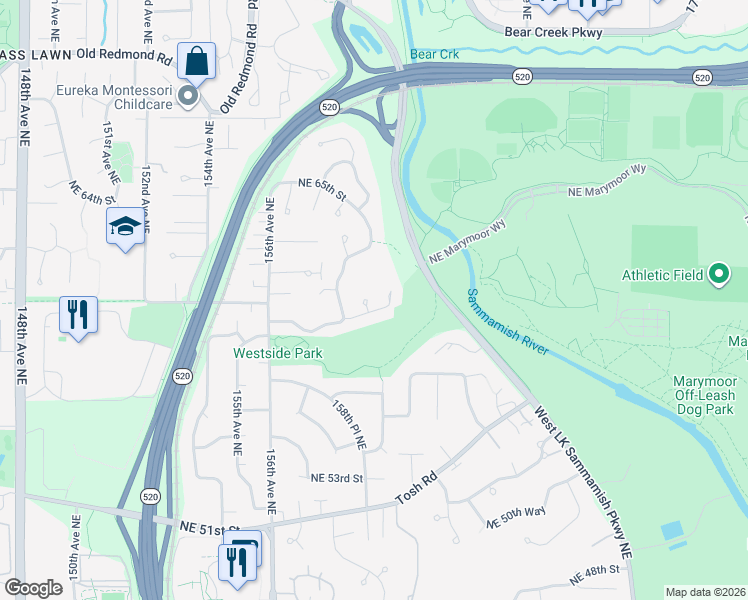 map of restaurants, bars, coffee shops, grocery stores, and more near 5922 159th Court Northeast in Redmond