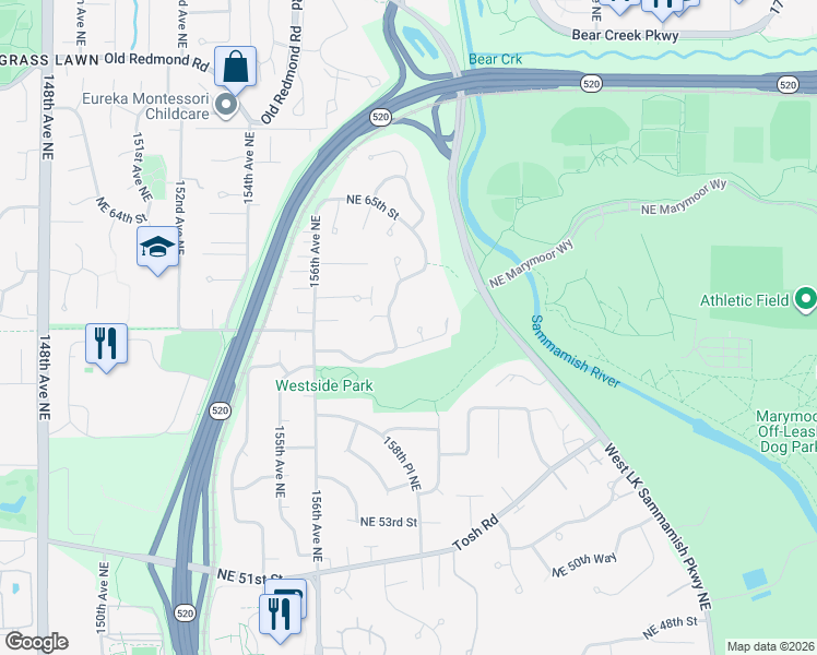 map of restaurants, bars, coffee shops, grocery stores, and more near 5922 159th Court Northeast in Redmond