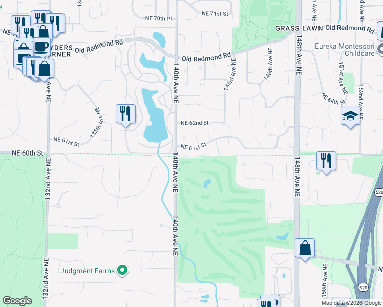map of restaurants, bars, coffee shops, grocery stores, and more near 6102 140th Court Northeast in Redmond