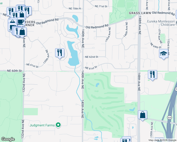 map of restaurants, bars, coffee shops, grocery stores, and more near 6102 140th Court Northeast in Redmond